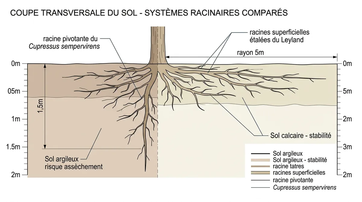 Schéma comparaison racines cyprès pivotantes vs superficielles sol argile calcaire