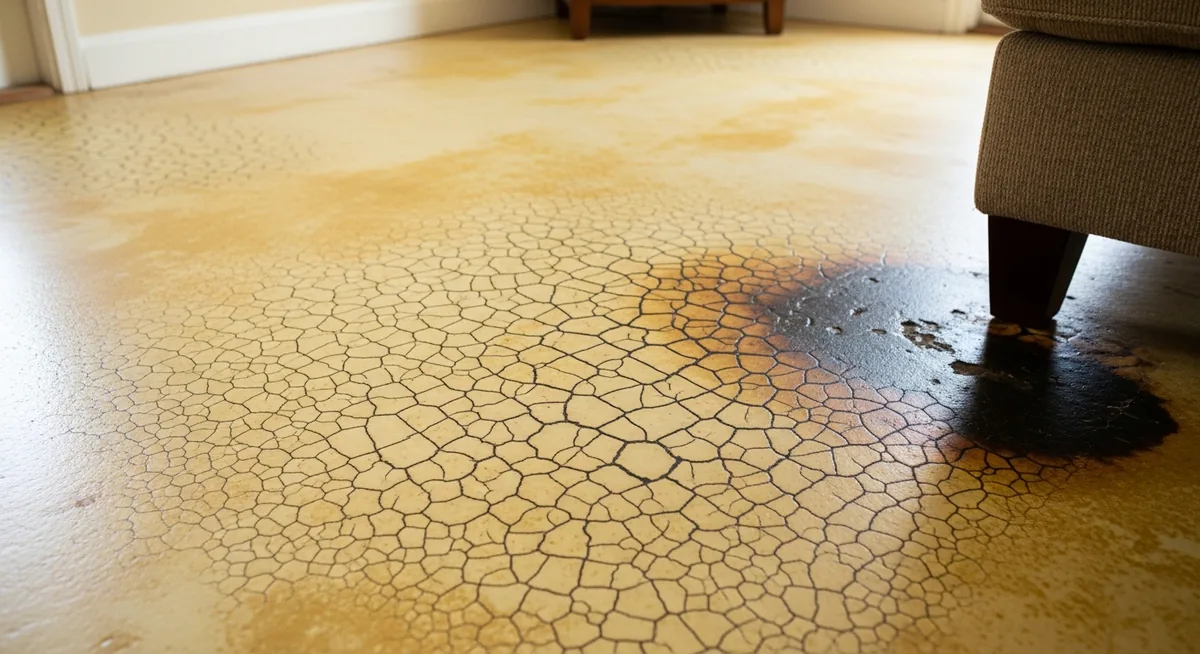 Sol fini en colle à carrelage fissuré et taché après 24 mois d'usage