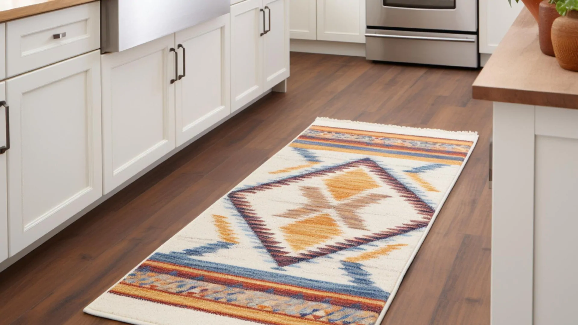 Comment bien protéger votre cuisine au quotidien Tapis de couloir à motif ethnique orange et bleu posé sur le parquet d'une cuisine aux meubles blancs