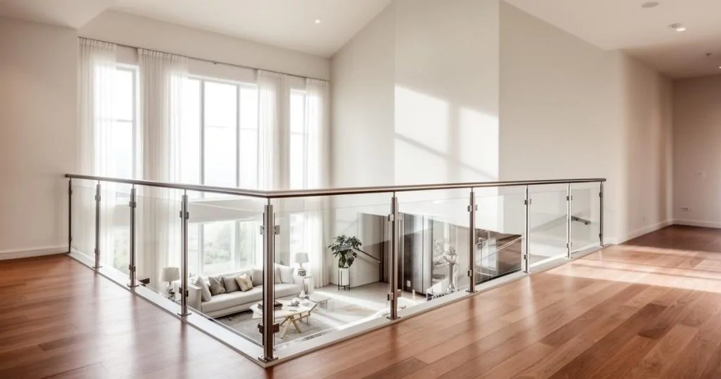 Garde-corps en verre trempé à poteaux et main courante inox ceinturant une trémie au-dessus d'un salon, parquet en bois