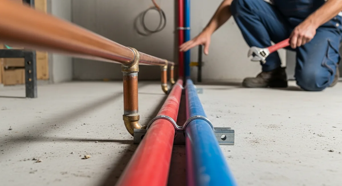 Chantier transformation chauffage monotube en bitube tuyaux PER rouge bleu posés en parallèle
