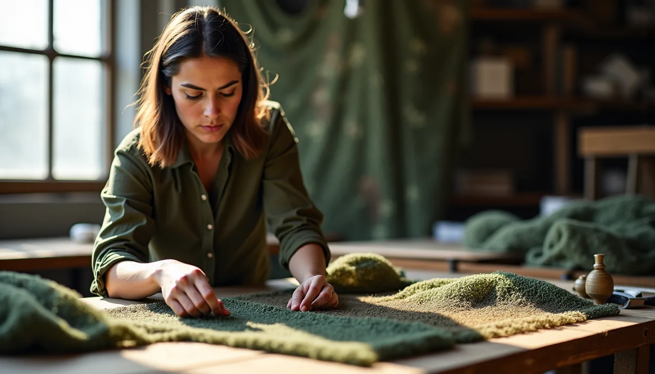 Femme étalant à plat un filet de camouflage vert à texture de mousse sur une grande table en bois, dans un atelier lumineux