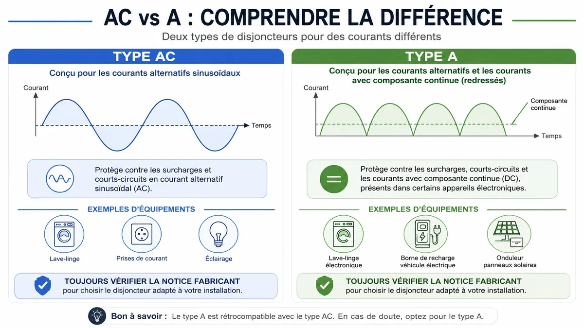 Comparatif visuel entre différentiel type AC et type A