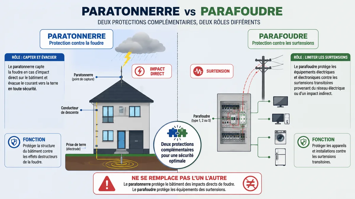 Comparatif visuel entre paratonnerre et parafoudre maison