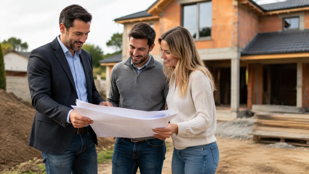 Échange entre constructeur et futurs propriétaires sur un chantier