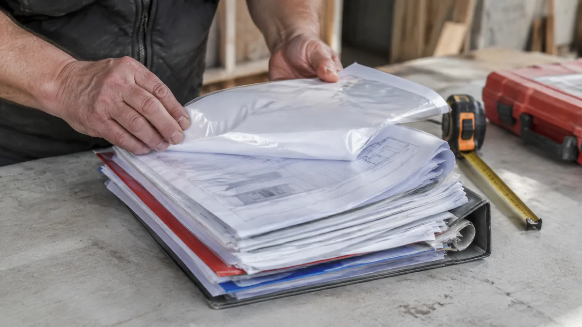 Documents contractuels et assurance sur une table de chantier