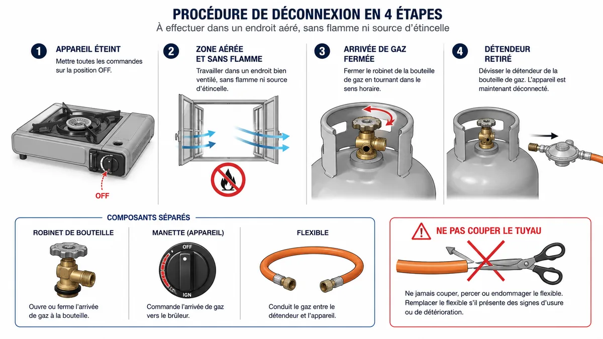 Schéma des étapes pour débrancher une bouteille de butane