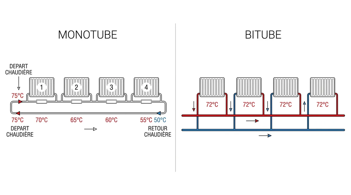 Schéma comparatif circuit chauffage monotube série et bitube parallèle avec températures annotées