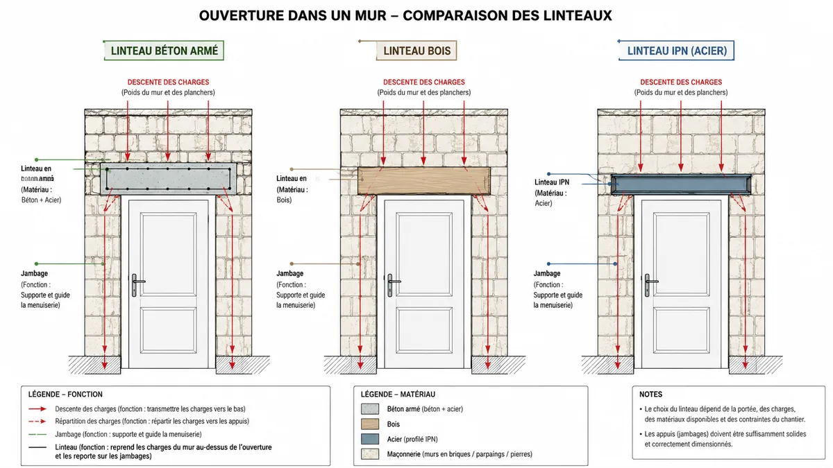 Schéma comparatif linteau béton bois et profilé IPN