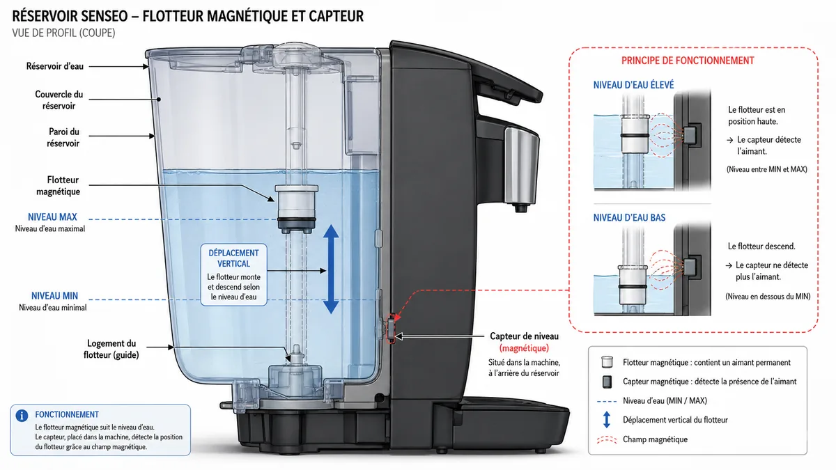 Schéma du flotteur magnétique dans un réservoir Senseo