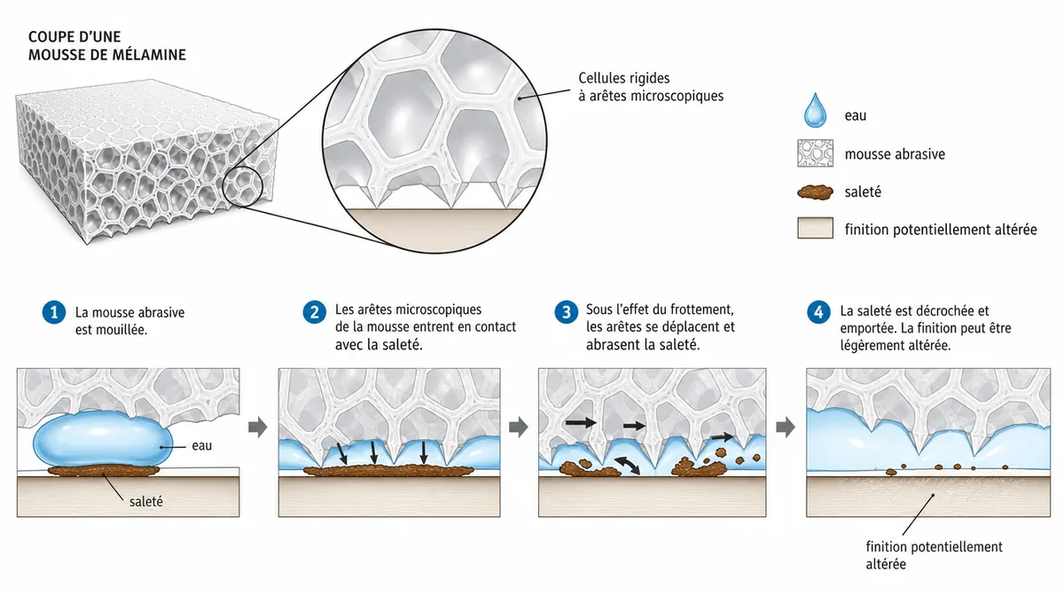 Schéma de la mousse de mélamine abrasive avec eau