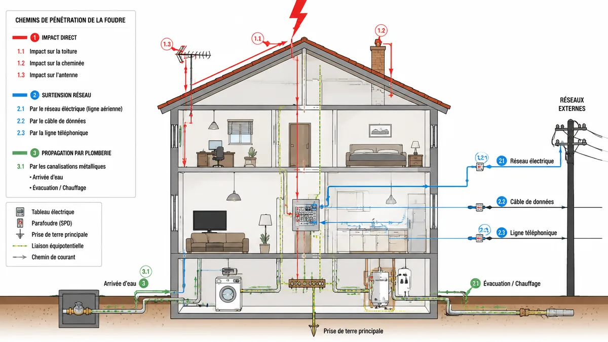 Schéma des voies de propagation de la foudre dans une maison