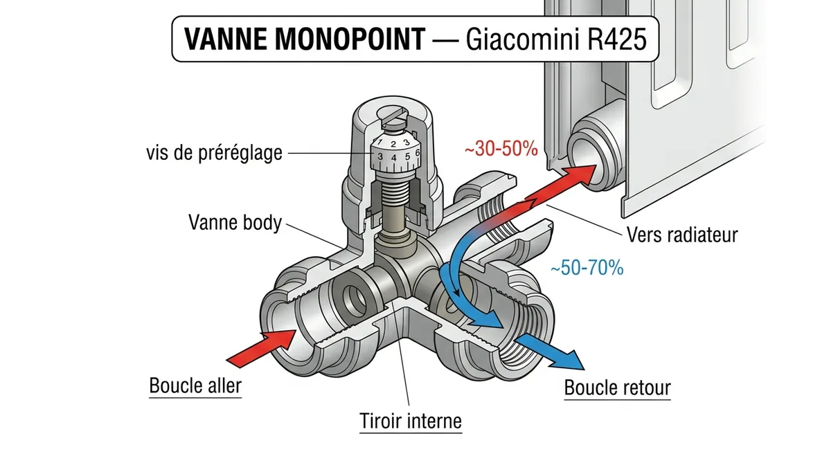 Schéma coupe vanne monopoint bypass radiateur monotube Giacomini R425 trois voies