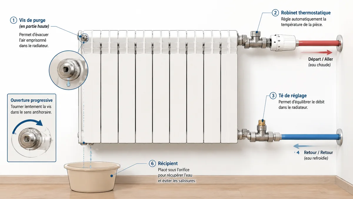 Schéma annoté d'un radiateur avec vis de purge et robinet