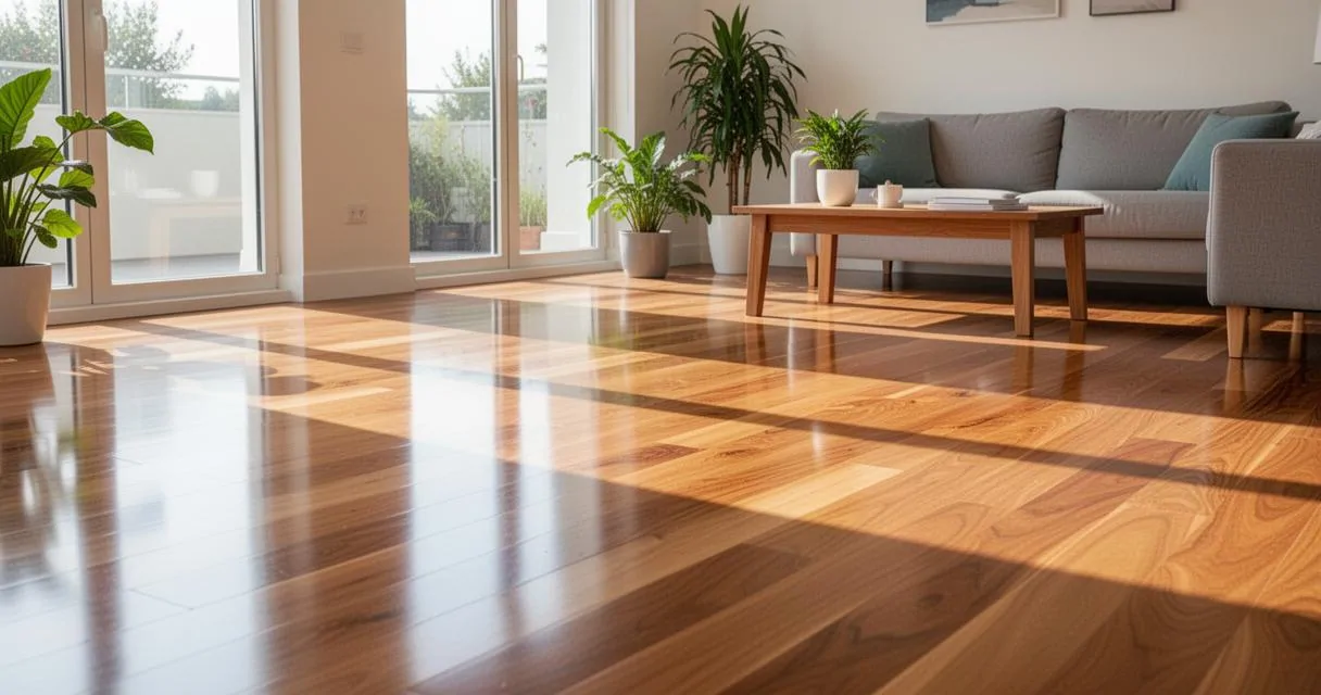 Mission 436 Image 1 Salon lumineux au parquet en bois brillant et impeccable, avec canapé gris, table basse et plantes près des baies vitrées