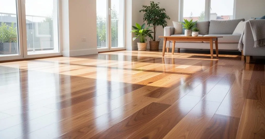 Parquet en bois vernis reflétant la lumière des fenêtres dans un salon au canapé gris, sans aucune trace au sol