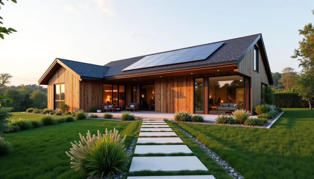 Maison de plain-pied en bardage bois avec panneaux solaires en toiture et grandes baies vitrées, allée de dalles au jardin