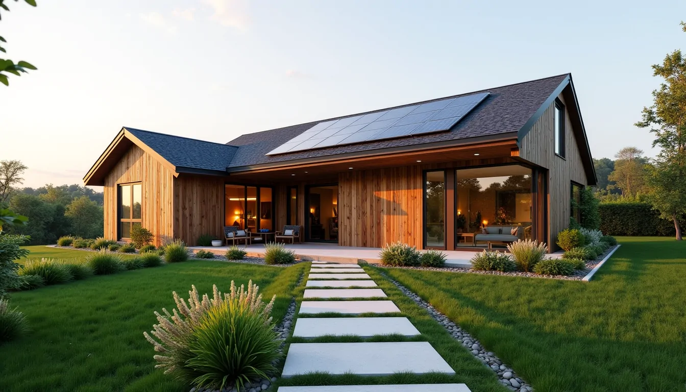Maison de plain-pied en bardage bois avec panneaux solaires en toiture et grandes baies vitrées, allée de dalles au jardin