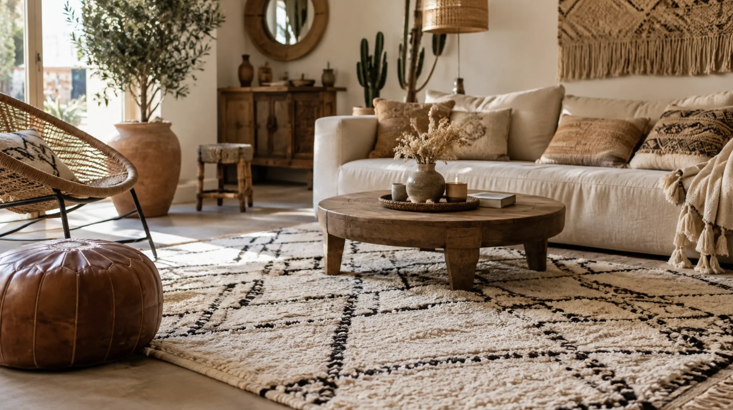 Salon bohème avec tapis berbère crème à losanges noirs, table basse ronde en bois, pouf en cuir, fauteuil en rotin et macramé