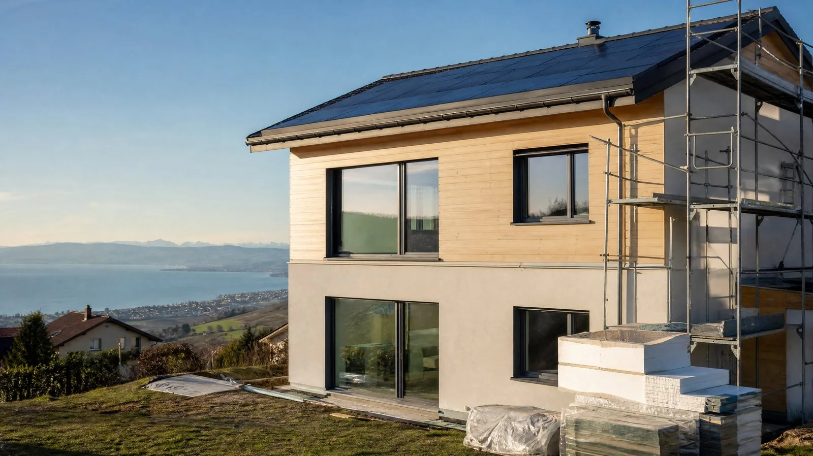 Rénovation énergétique d’une maison en Suisse romande Maison suisse en rénovation énergétique avec isolation extérieure et panneaux solaires en toiture