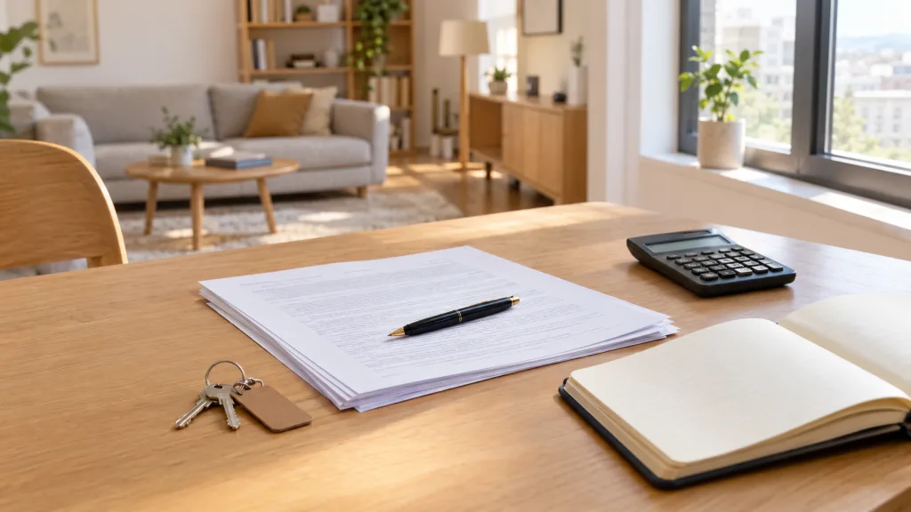 Dossier de location meublée avec clés, stylo et calculatrice sur une table en bois