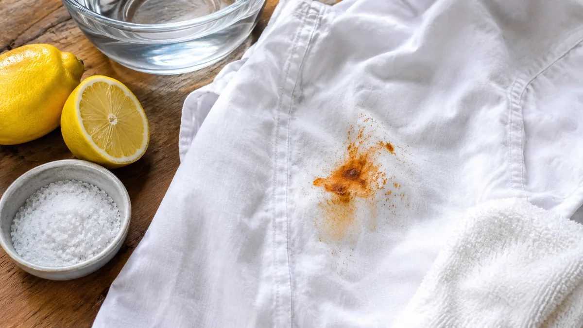 Citron et sel appliqués sur une tache de rouille textile