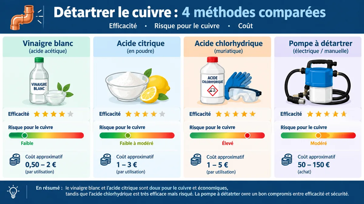 Comparatif visuel des méthodes de détartrage du cuivre par efficacité et risque