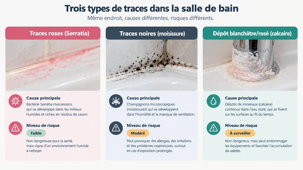 Comparaison visuelle moisissure rose, moisissure noire et calcaire