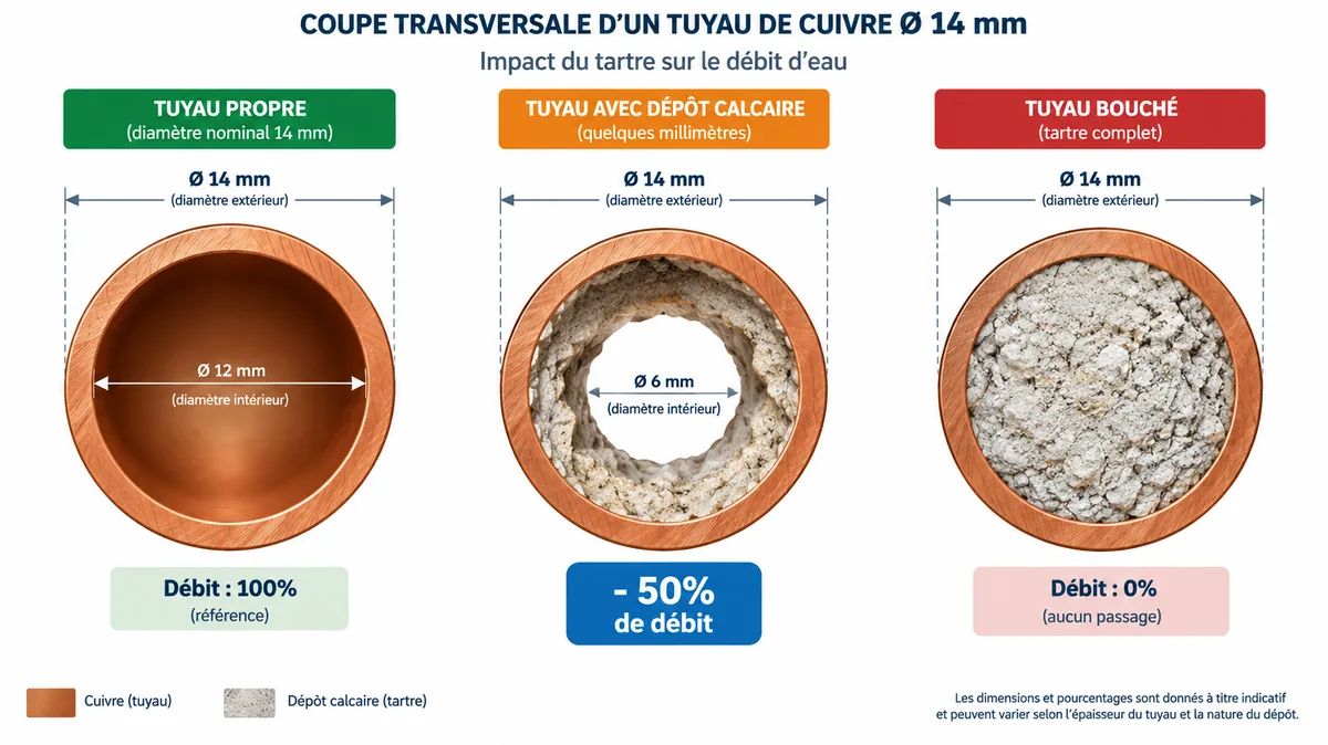 Coupe d'un tuyau de cuivre montrant l'accumulation progressive de calcaire