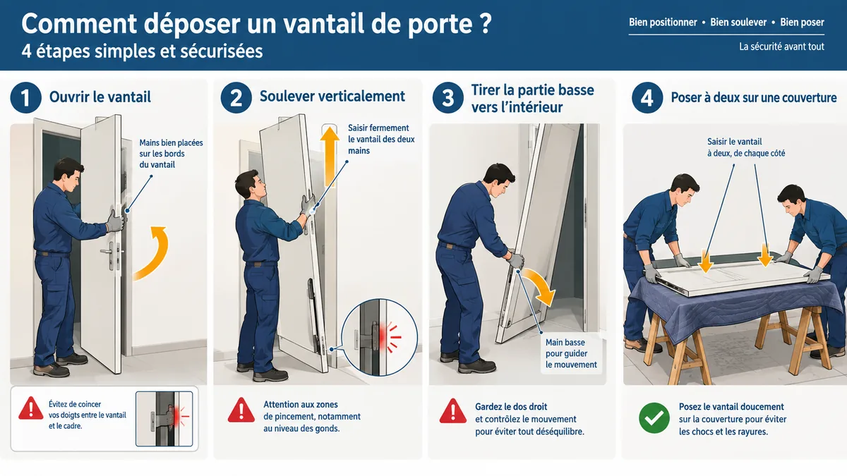 Étapes illustrées pour déposer un vantail de baie coulissante