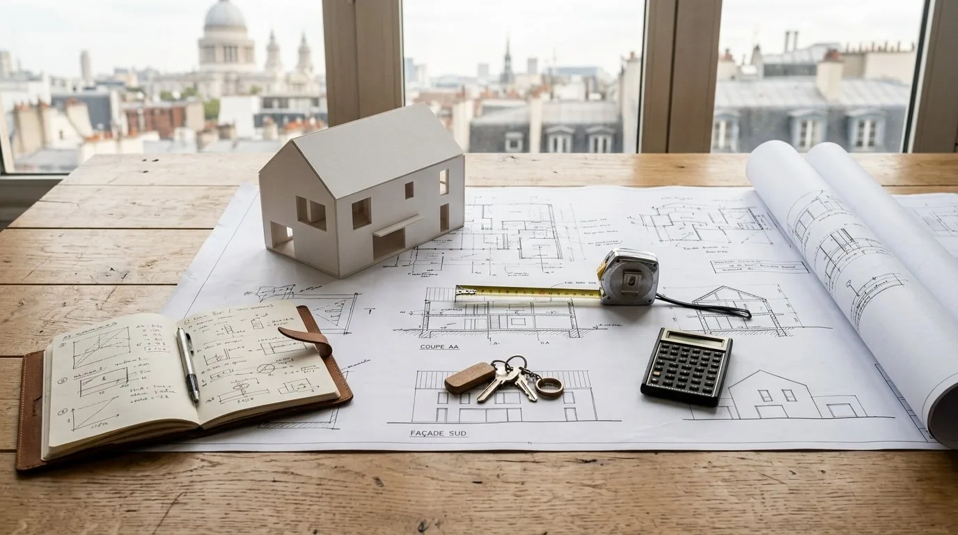 Plans d'architecture, maquette de maison et trousseau de clés posés sur un bureau