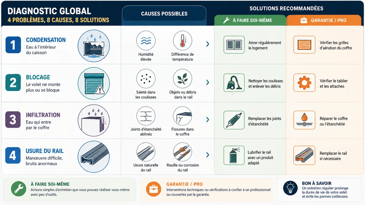 Infographie diagnostic véranda rideau problème avec causes et responsabilités