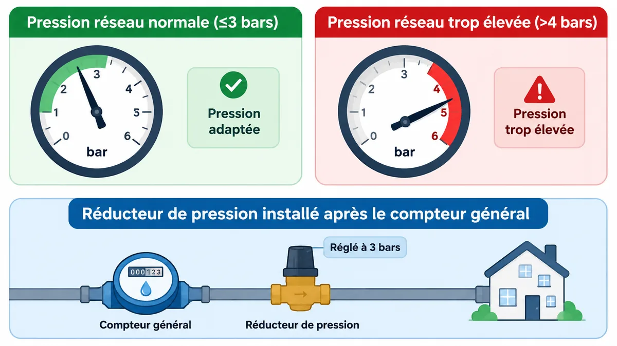 Comparatif manomètre pression normale versus pression trop élevée avec réducteur