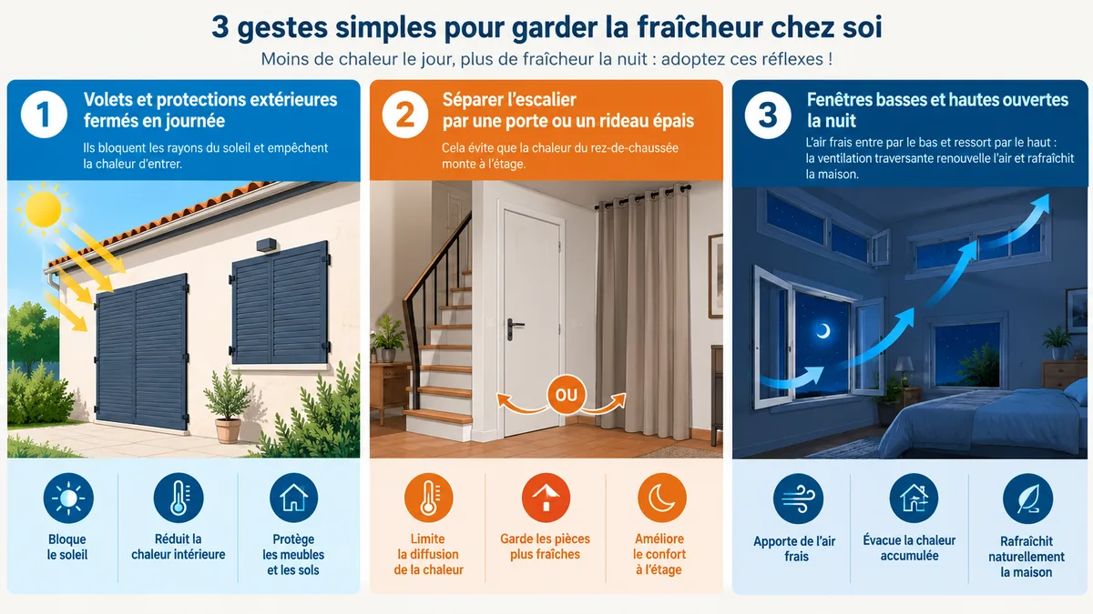 Gestes de rafraîchissement estival dans une maison à étage