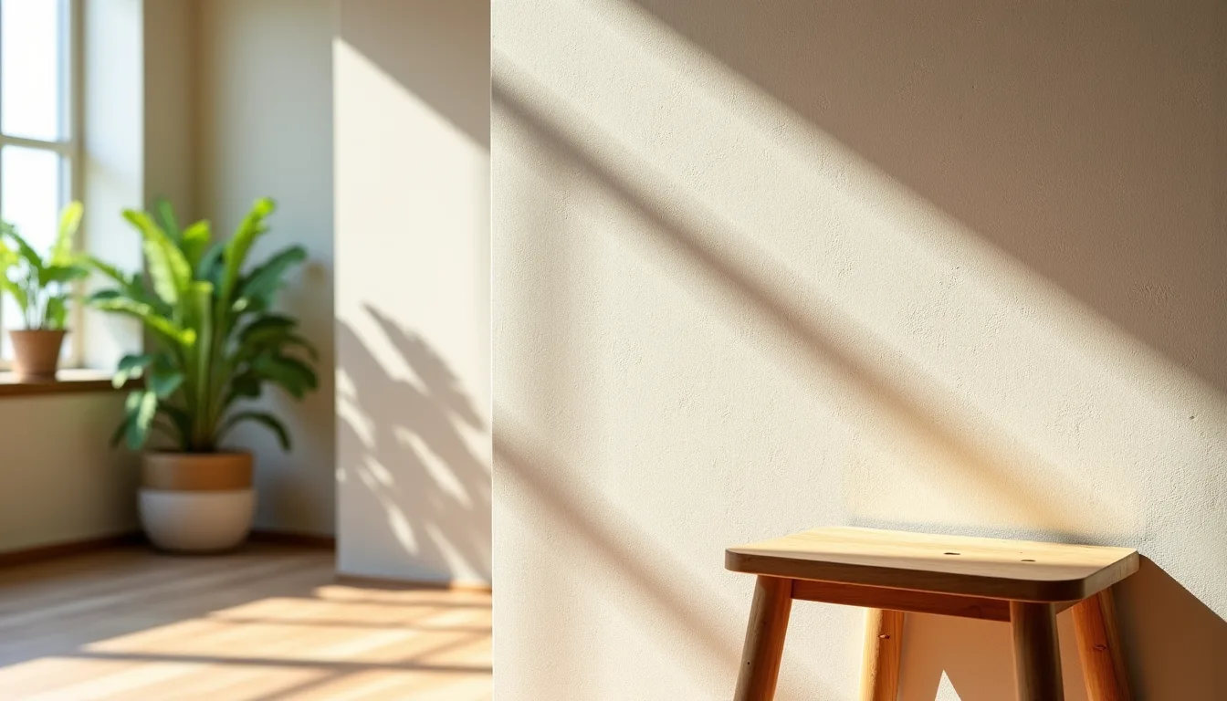 Mur à l'enduit clair et mat baigné d'un soleil rasant, près d'un tabouret en bois et d'une plante verte devant une fenêtre