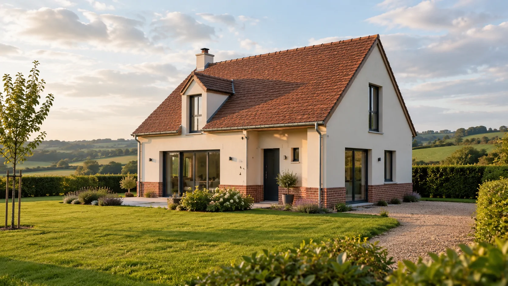 Maison neuve à enduit clair, toiture en tuiles plates et soubassement de briques, entourée de pelouse dans un bocage vallonné