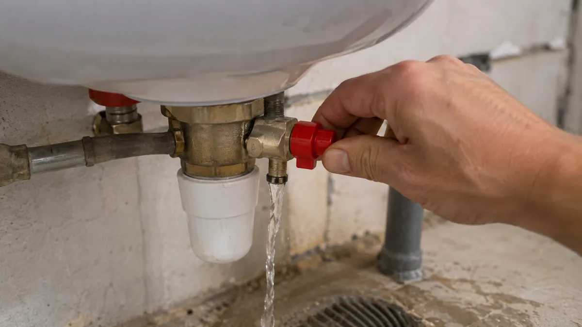 Main actionnant la manette de purge d'un groupe de sécurité de chauffe-eau