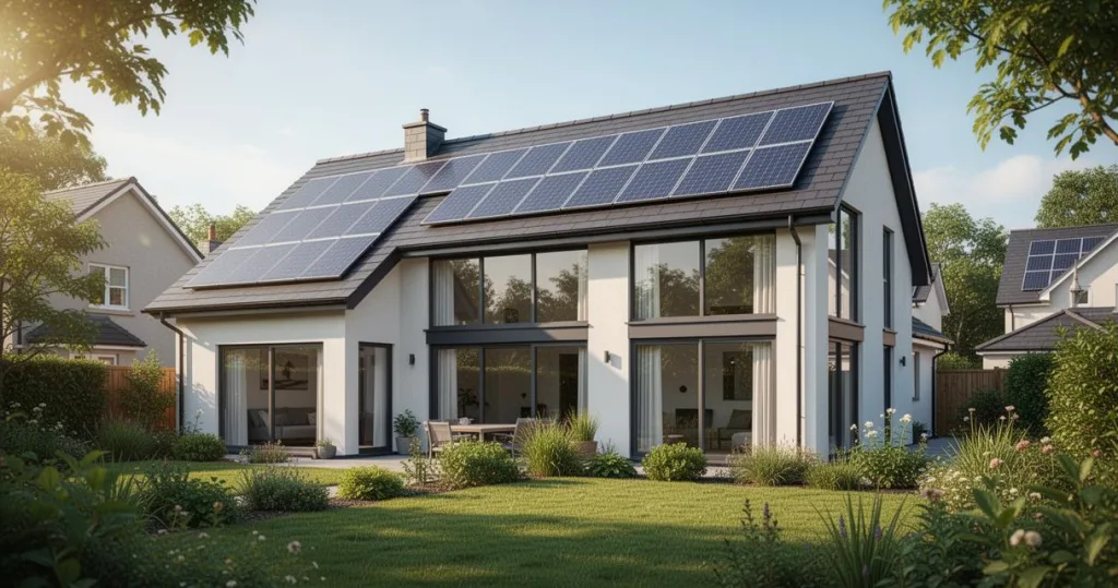 Maison individuelle rénovée avec panneaux solaires en toiture et grandes baies vitrées