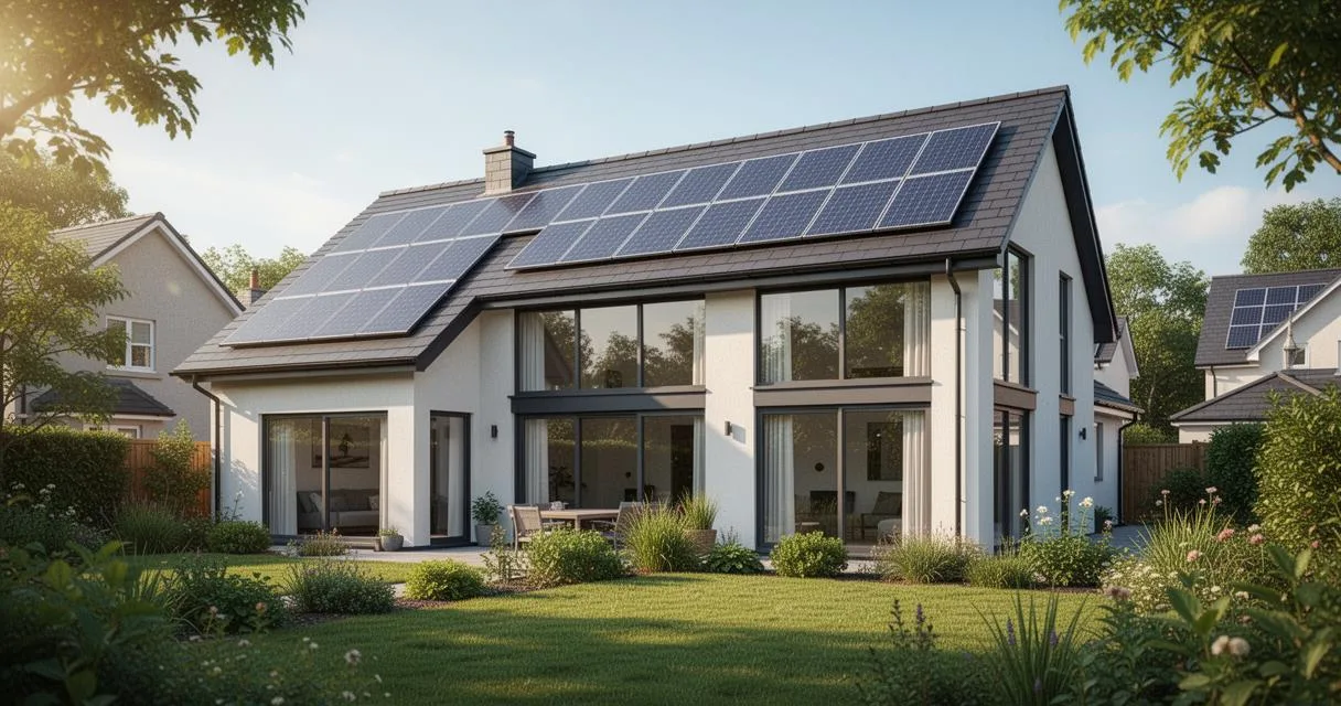 renovation-energetique-maison-panneaux-solaires Maison individuelle rénovée avec panneaux solaires en toiture et grandes baies vitrées
