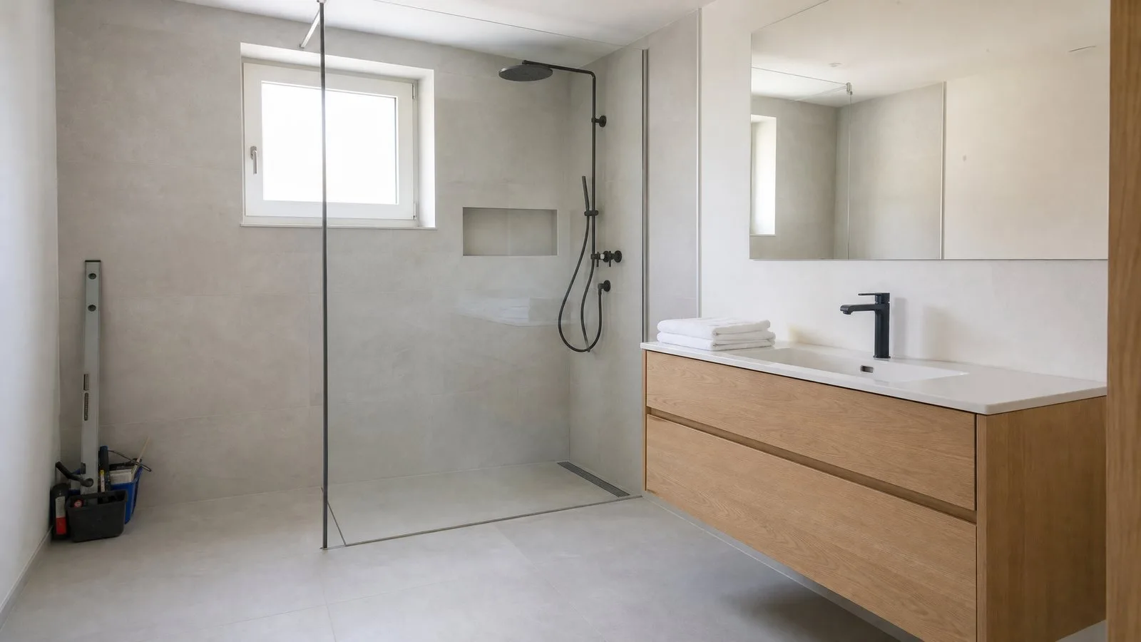 Rénovation d’une salle de bain en Suisse romande Salle de bain suisse rénovée avec douche de plain-pied, carrelage grand format et meuble vasque en bois