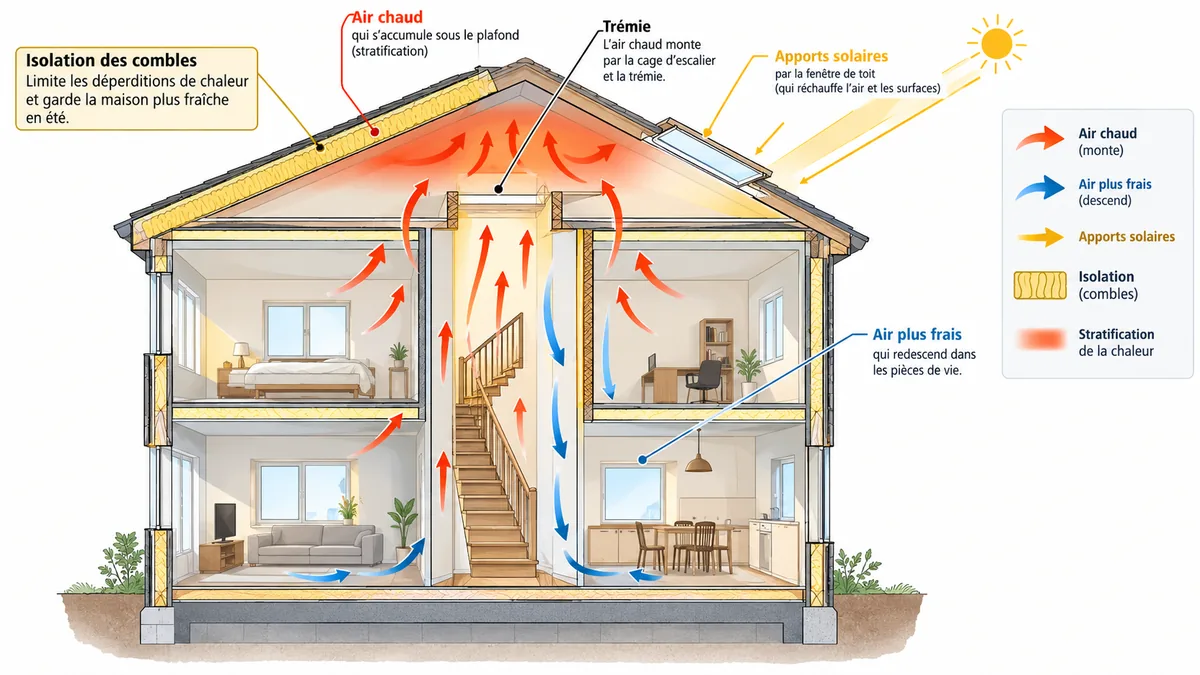 Schéma de la chaleur montant dans une maison à étage