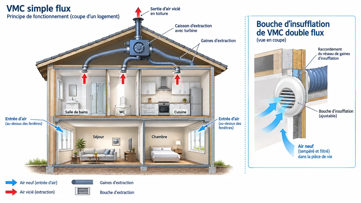 Schéma du flux d'air d'une VMC simple et double flux