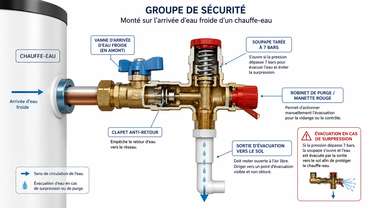 Schéma annoté d'un groupe de sécurité sur chauffe-eau avec soupape et purge