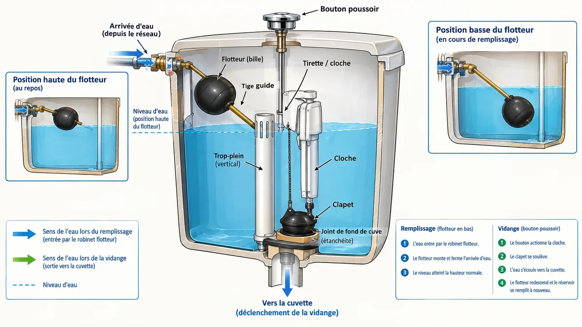 Schéma annoté du mécanisme intérieur d'une chasse d'eau avec flotteur et clapet
