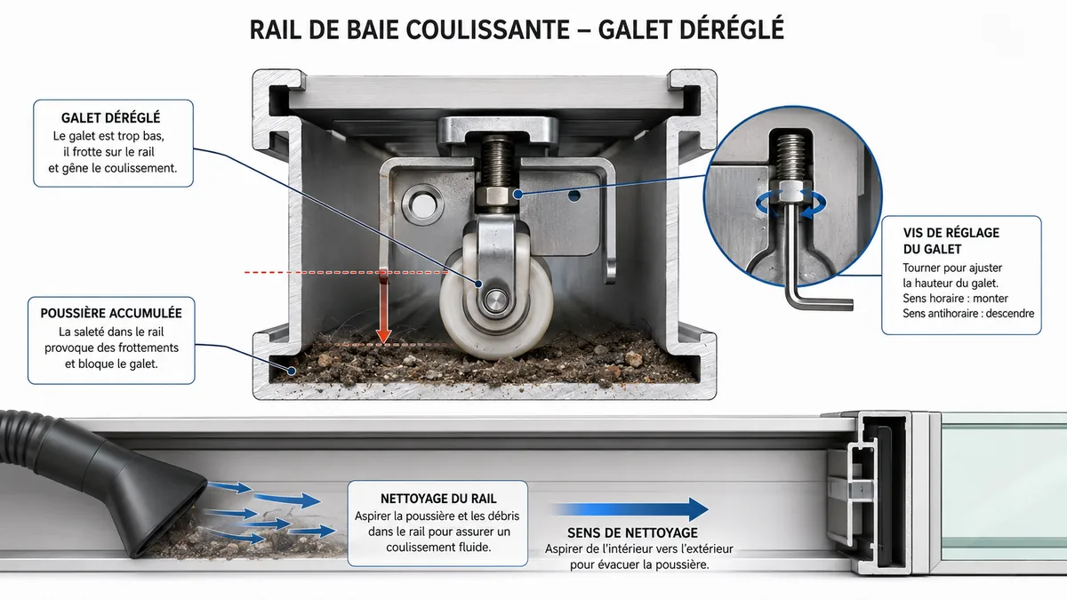 Schéma technique d'un rail de baie coulissante avec galet de roulement déréglé