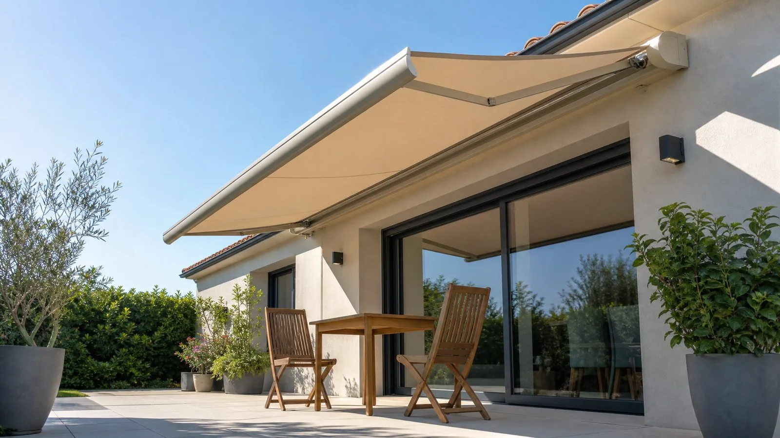 Store banne déployé au-dessus d'une terrasse, toile écru tendue et ombre portée sur les dalles