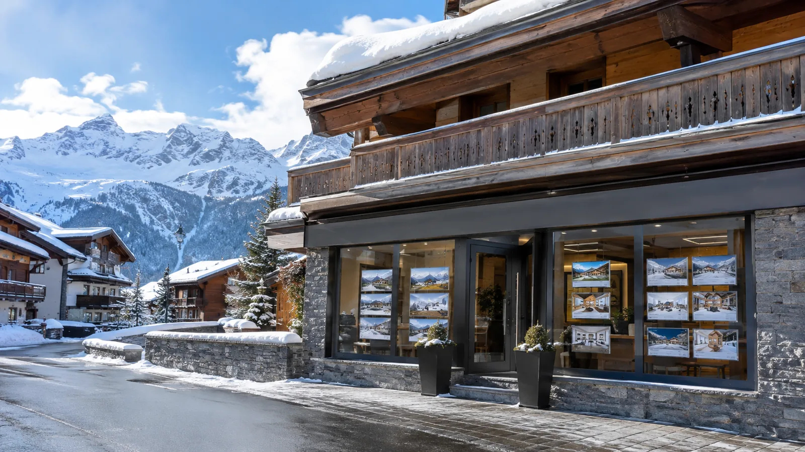 Vitrine d'une agence immobilière avec annonces affichées dans une station alpine aux montagnes enneigées