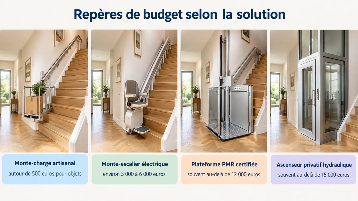 Quatre solutions d'accessibilité à l'étage avec leurs budgets : monte-charge, monte-escalier, plateforme PMR et ascenseur