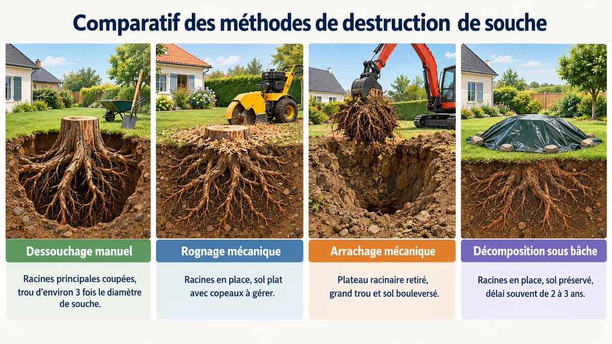 Quatre méthodes de destruction de souche montrant l'état des racines : dessouchage manuel, rognage, arrachage et bâche