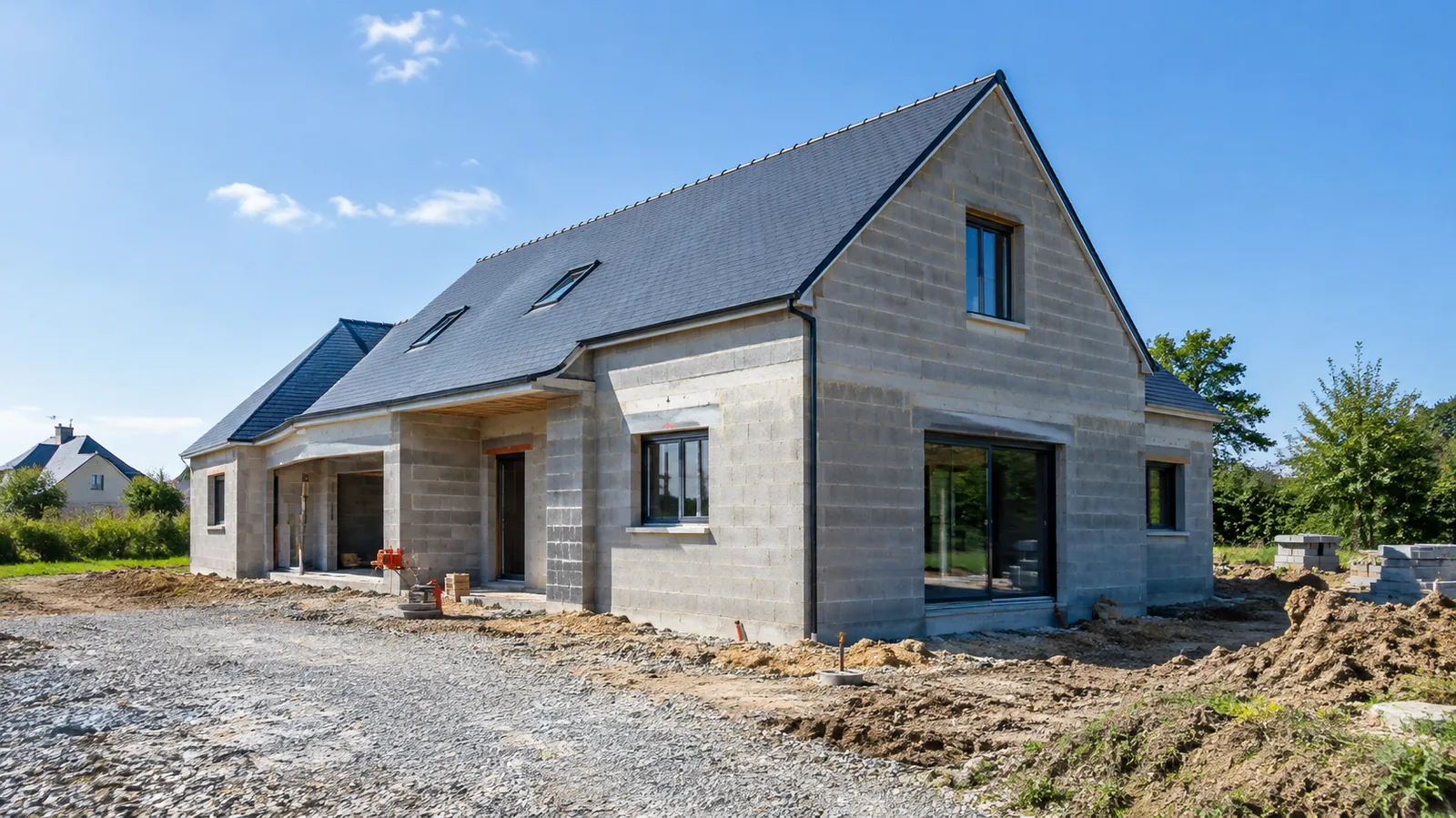 Chantier d'une maison individuelle en parpaings avec toiture en ardoise et menuiseries posées